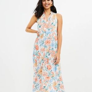Loft Floral Tiered Tie Neck Midi Dress | Size Small